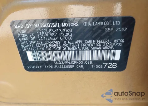 2023 Mitsubishi Mirage Black Edition/Ralliart/Se z USA, uszkodzony, nr VIN ML32AWHJ0PH001038